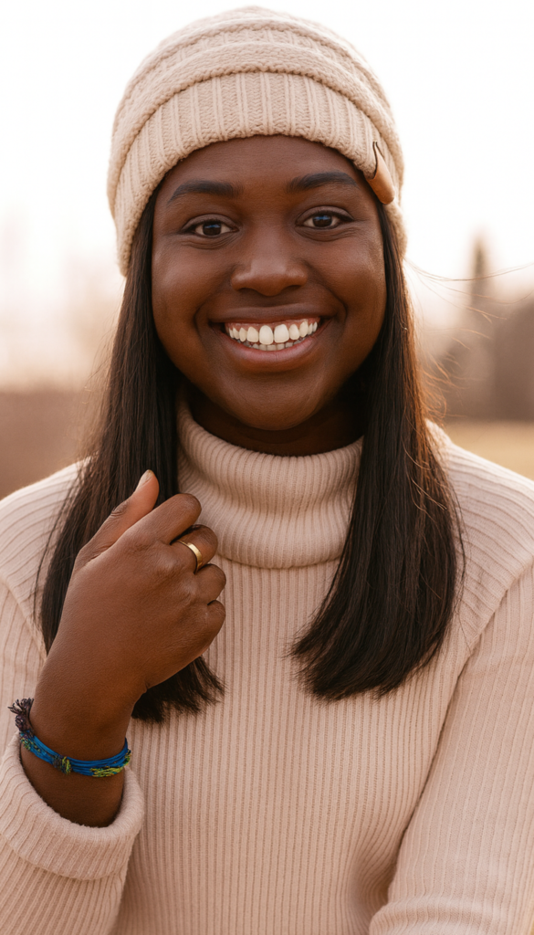 Portrait of a young Black American woman wearing a cream knit beanie and beige ribbed turtleneck, smiling warmly in soft golden hour light with a blurred outdoor background.